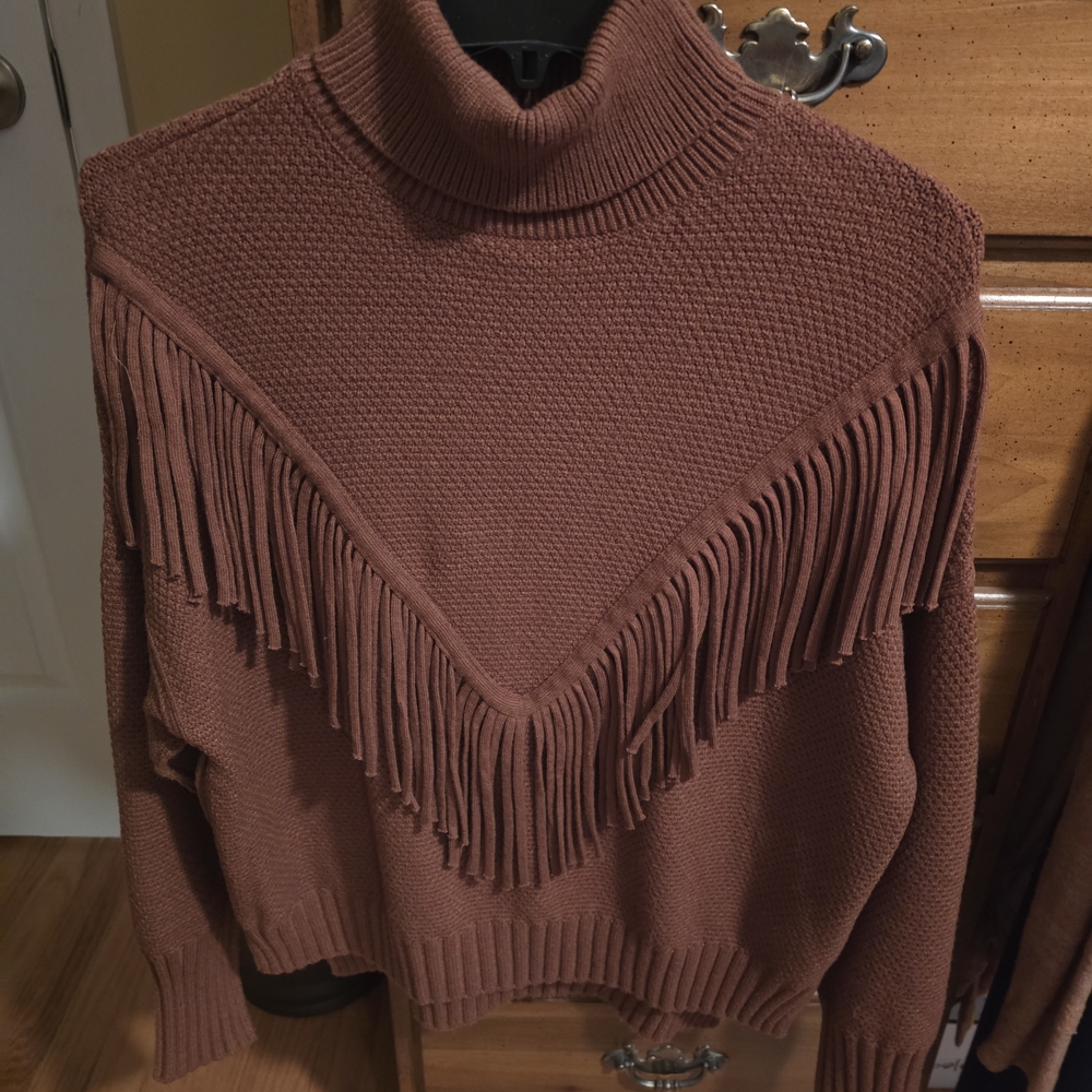 Fringed Brown Turtleneck Sweater
